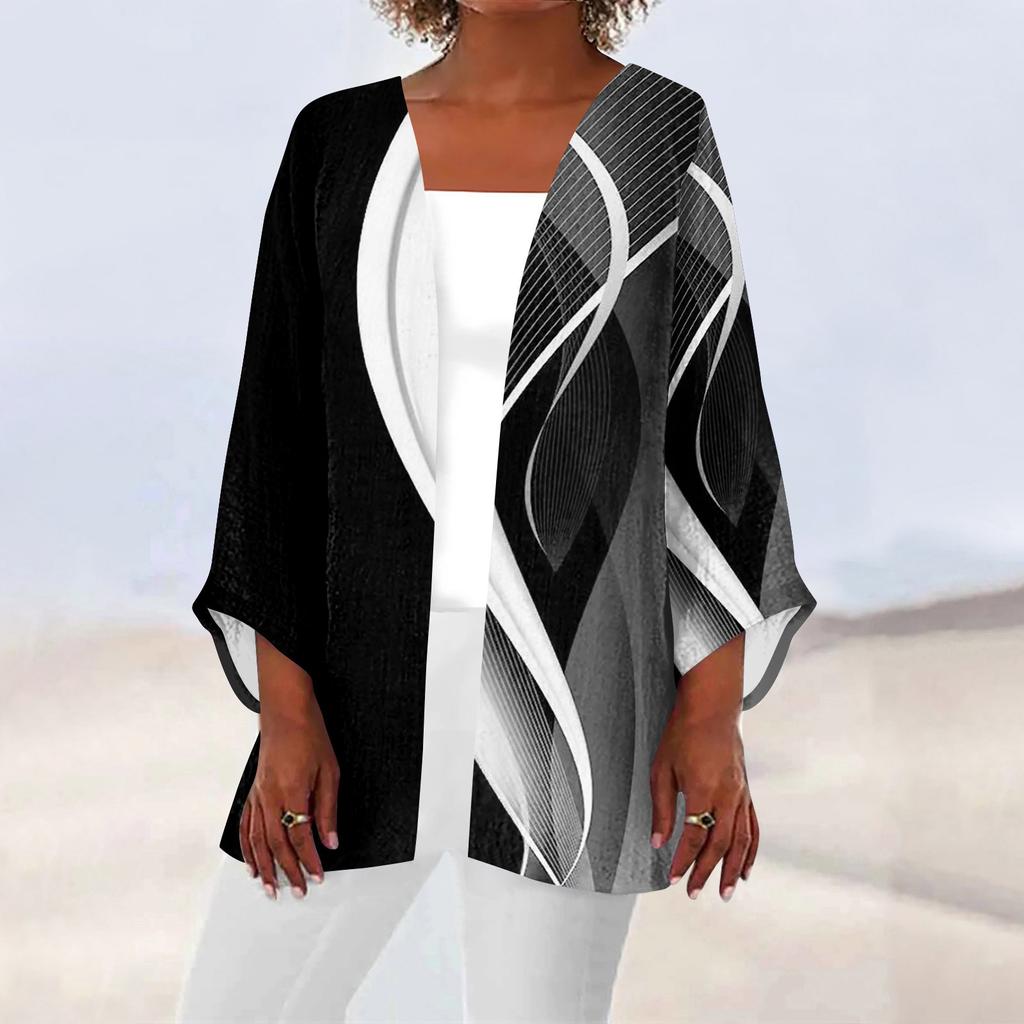 Women's Casual Fashion Caot Retro Printed Lightweight Medium Length Jacket Cardigan