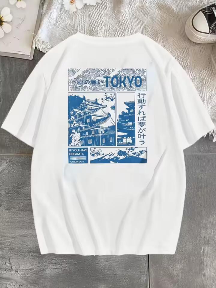 Round Neck Short Sleeve Tee with Letter and Landscape Print Casual Style for Summer Outdoor Sports Travel Commute Soft Durable