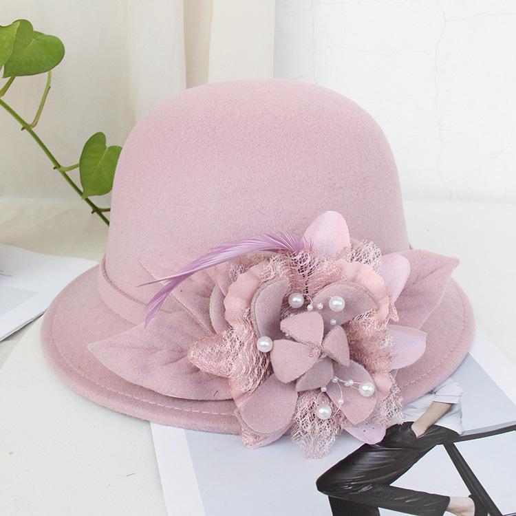 Bucket Hat Female British Retro Feather Flower Woolen Top Hat Elegant Felt Hat Pot Hat