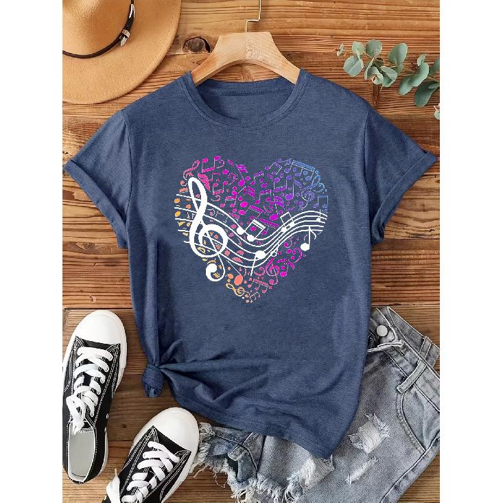 Colorful Music Symbol and Staff Pattern with Heart Print Casual Fashion Women's Sports Short Sleeve Round Neck T-Shirt T Shirt Top