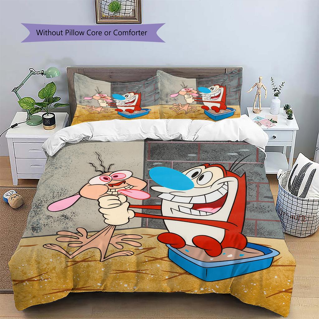 Ren & Stimpy Pattern Bedding Quilt Set Home Decoration Gift (1 * duvet cover + 2 * pillowcase without core)