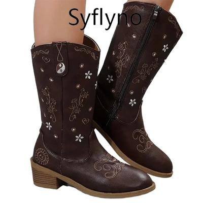 Модные женские ботинки челси с вышивкой и цветочным принтом длиной до середины голени 2024 года, новые модные туфли с острым носком для женщин, дизайнерские трендовые готические ботинки Botas Mujer