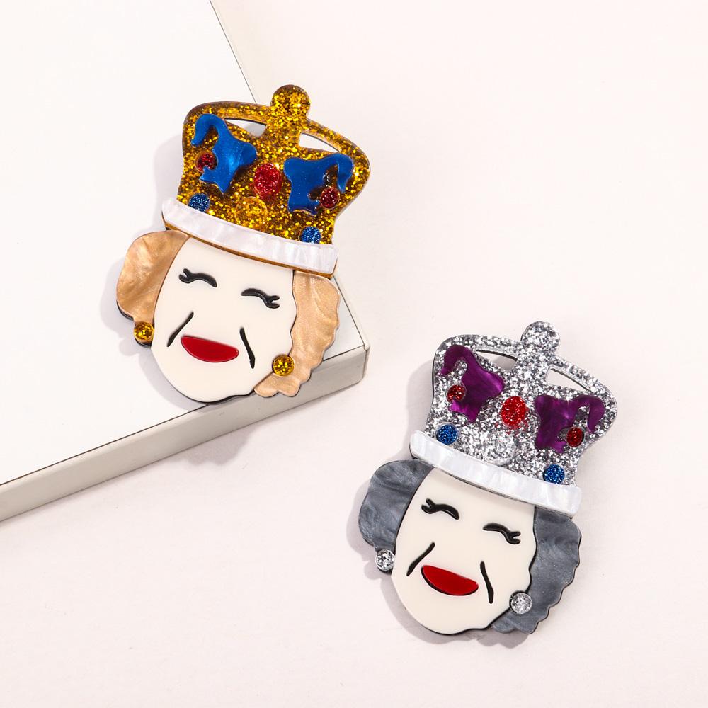 New Elegant Queen Elizabeth II Acrylic Brooches for Women's Clothing Glitter Crown Granny Figure Badges Pins Brooch Cute Jewelry