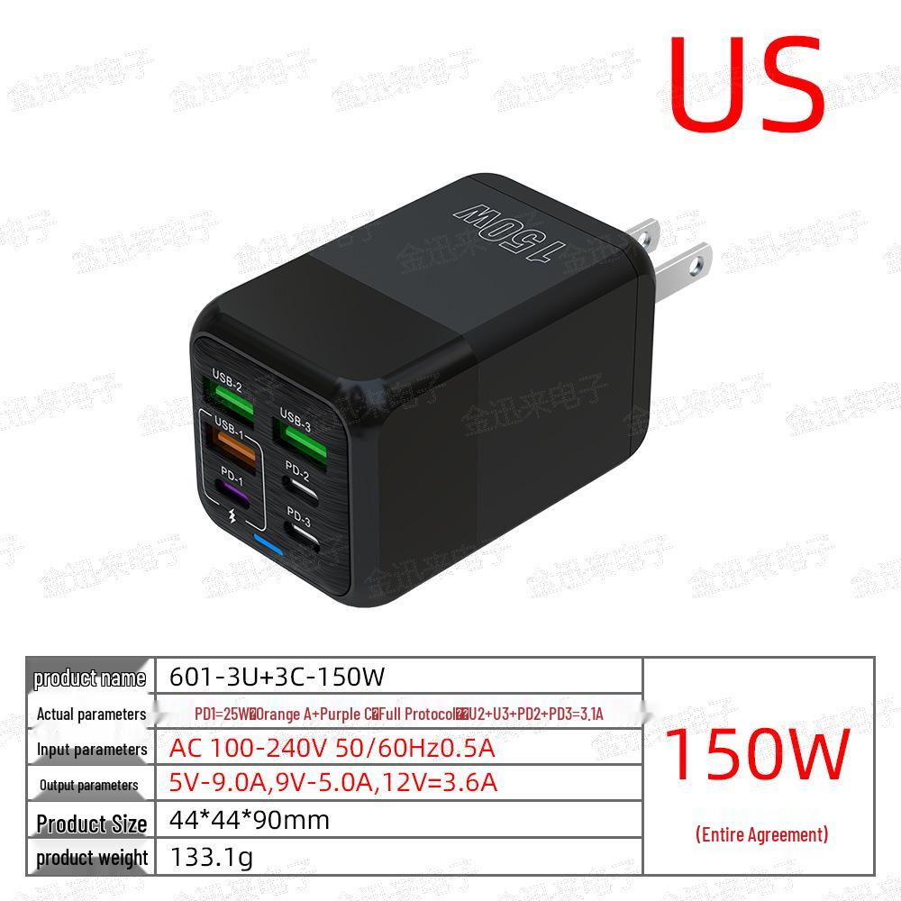 Многопортовое зарядное устройство мощностью 150 Вт: 3 порта USB + 3 порта PD, универсальный адаптер для зарядки мобильных устройств 6-в-1, 5 В/3 А