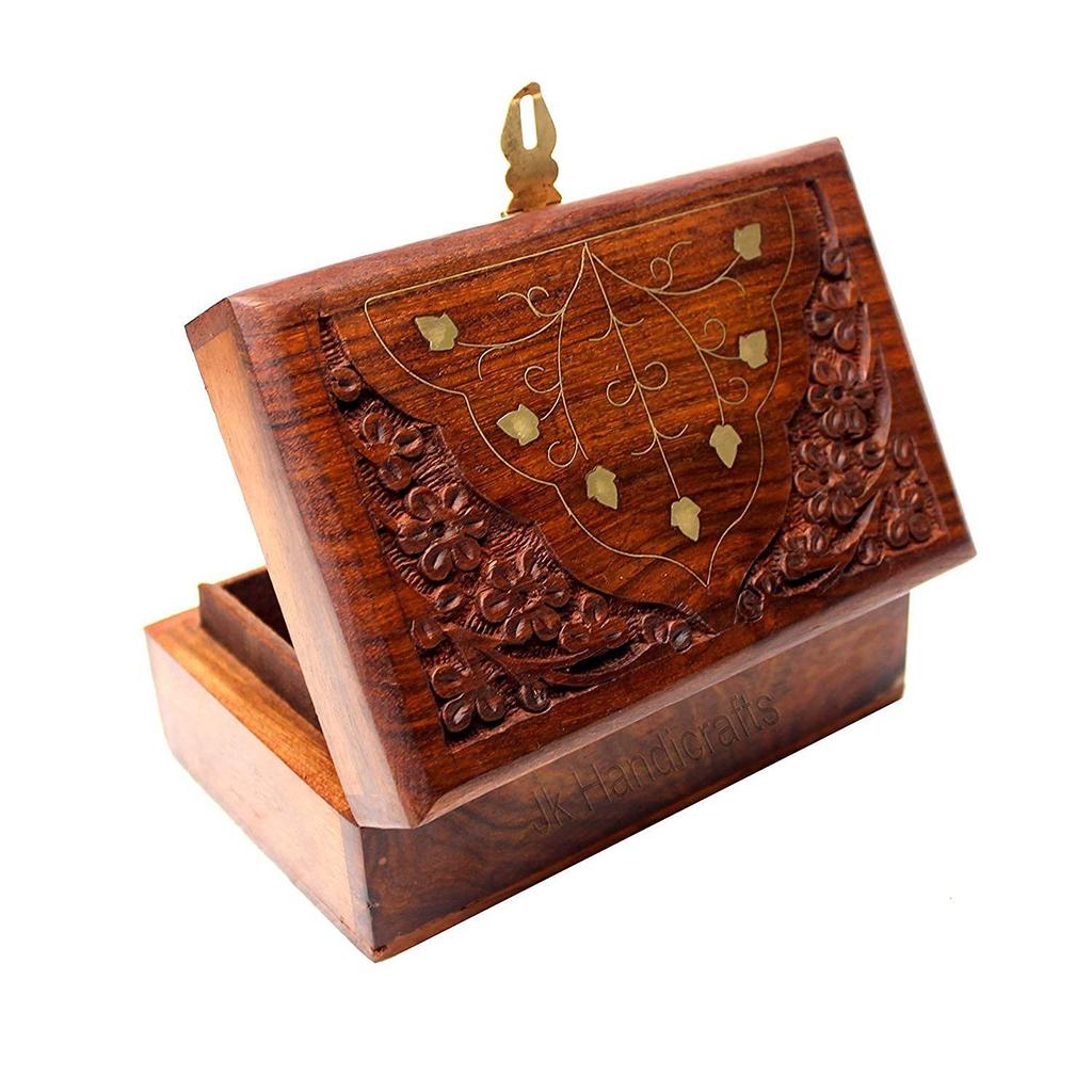 Handmade Wooden Jewelry Box for Women Wood Jewel Organizer Hand Carved with Intricate Carvings Gift Items - 6 Inches (Brown)