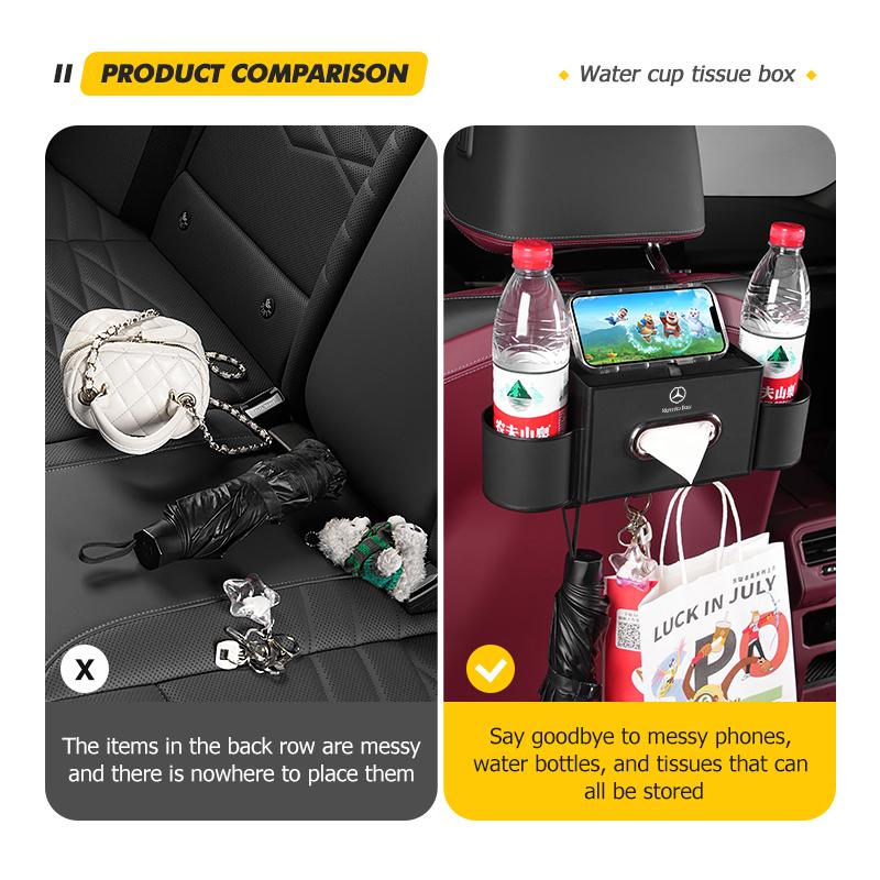 Car Backseat Storage Box Hanging Hook Tissue Water Cup Holder For Mercedes Benz C180 C300 W124 W176 W177 C200 C260 GLC CLE CLA DQRST1