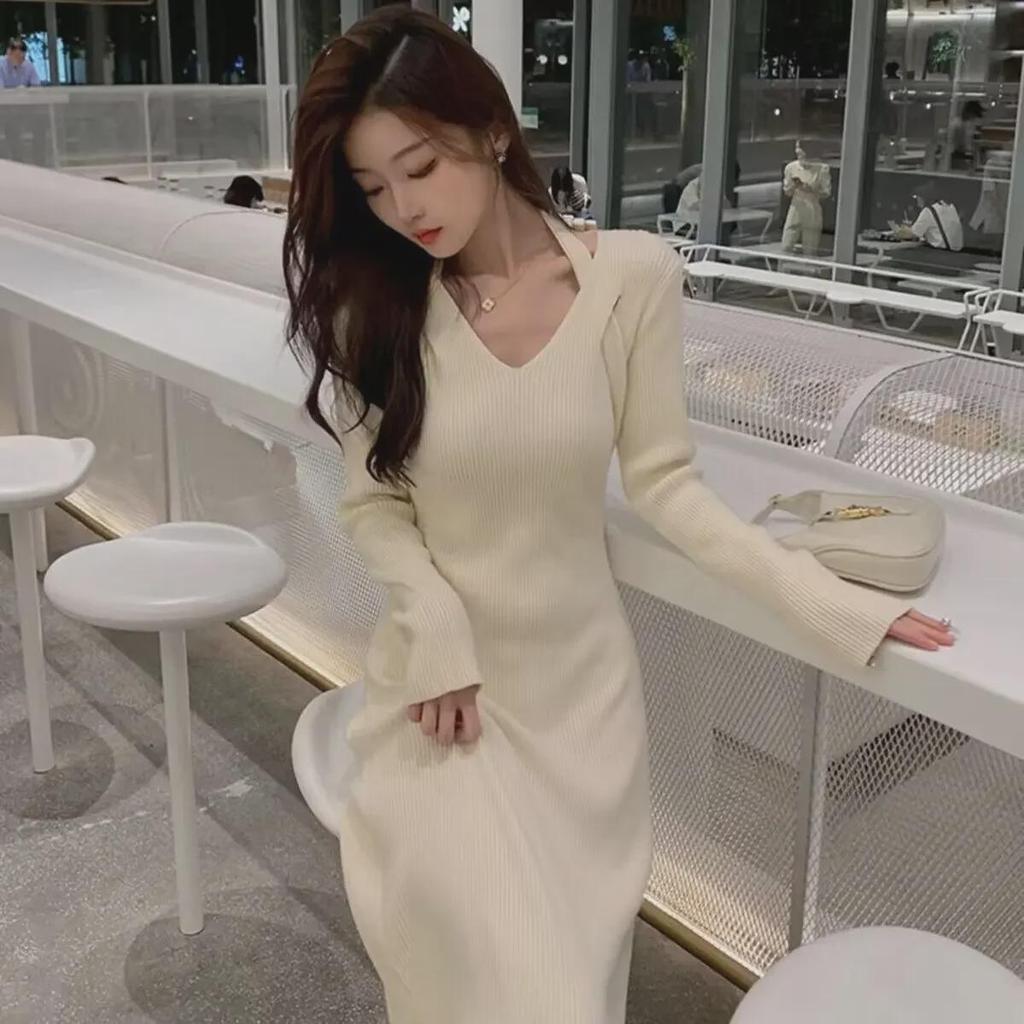 Korean Style V-Neck Slim Fit Knitted Dress for Women - Perfect for Spring & Autumn
