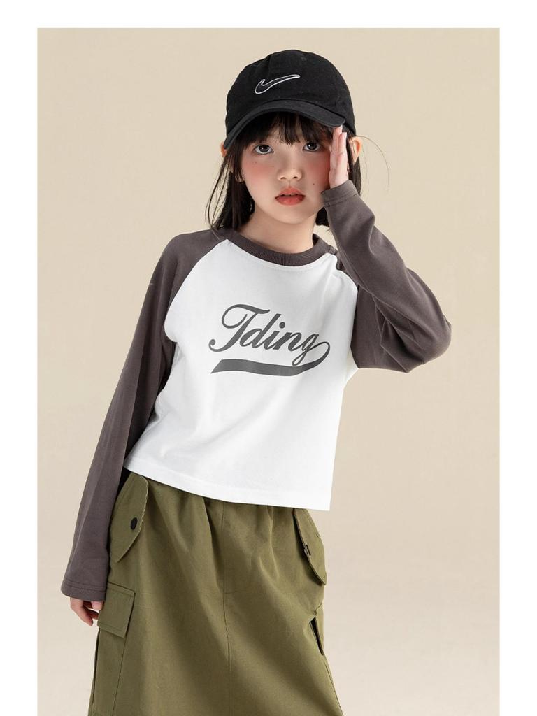 Tao Town Girls' Autumn 2025 Color Block Letter Long-Sleeve T-Shirt