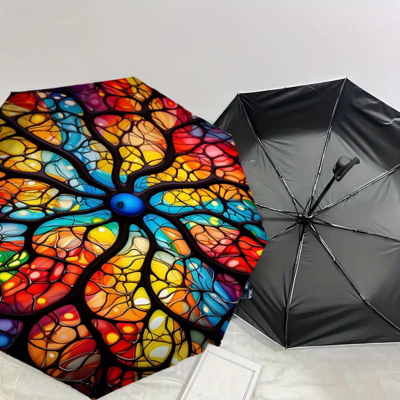 1PC Stained Glass ArtworkAutomatic Open/Close Umbrella with Windproof, 8-Rib Sturdy Canopy, Durable Ribs, Fashionable Design1272A