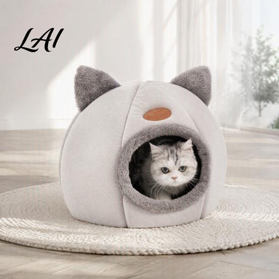 Comfortable Kitty Shelter Plush Cat Cave Bed with Ears Enclosed Cozy Hide Bed Non-slip Lovers Gift Bottom Warm Winter Pet Nest for Indoor