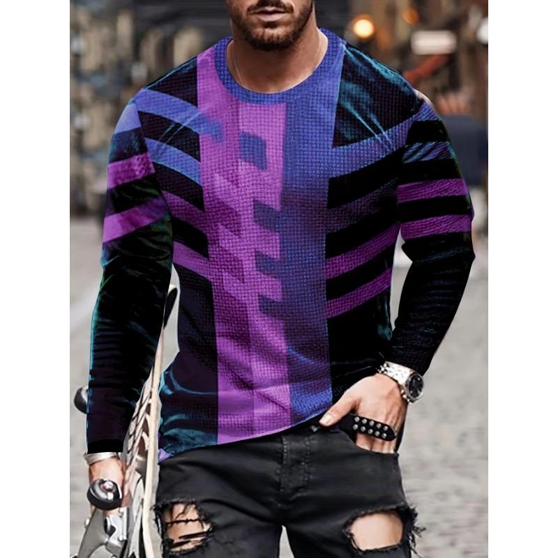 Fashion Men's Irregular Stripe Pattern Round Neck Long Sleeve Fashion T Shirt Spring And Autumn Outdoor Sports Top T Shirt