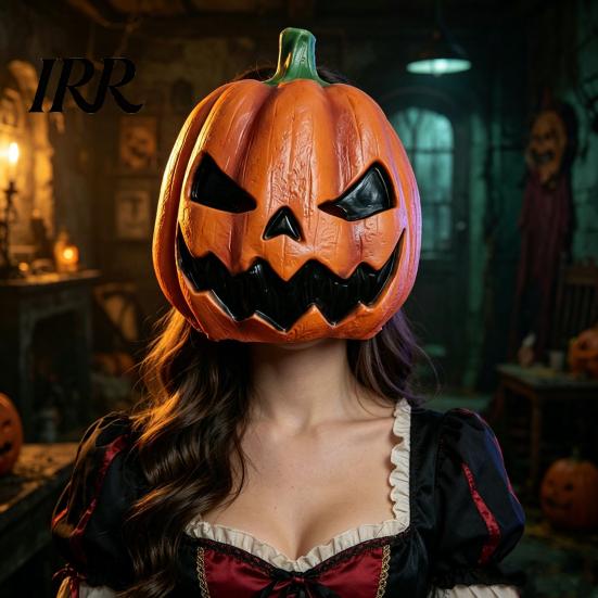Detailed Pumpkin Costume Mask Halloween Mask, Latex Full Head with Realistic Texture, Scary Cosplay Prop for Party Night, Breathable Eye Mouth Holes,