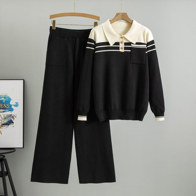 Женский свитер в полоску большого размера, весенний, новый, свободный, модный, повседневный, трикотажные брюки с широкими штанинами, комплект из двух предметов