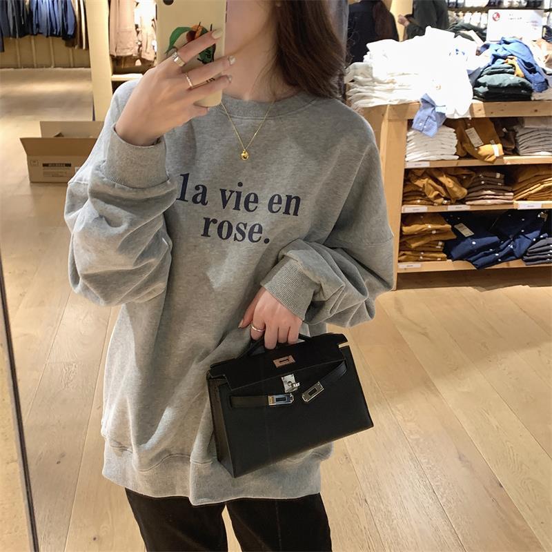 Ladies Letter Print Round Neck Hoodies Top Women Oversized Long Sleeved Pullover Gray Sweatshirt for Autumn Winter New