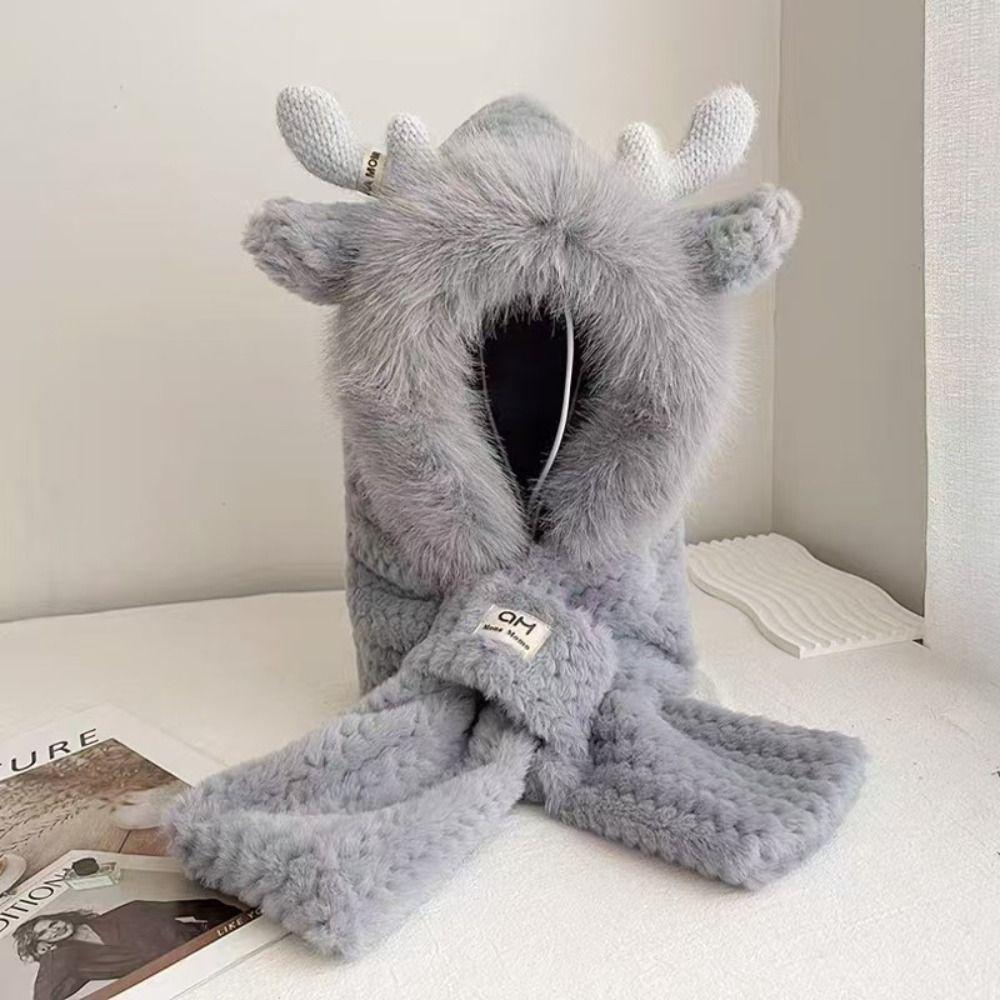 Ear Protection Bear Deer Ears Hat Soft Plush Integrated Cap Scarf Cartoon Winter Hat  Women