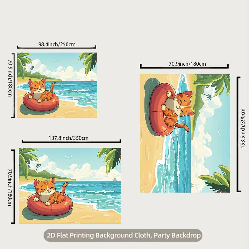 2D Cute Tropical Cat Backdrop - Palm Tree & Ocean Photography Background Banner for Studio Photoshoot