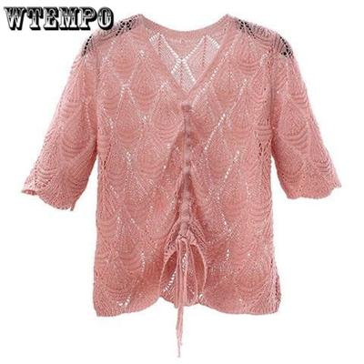 Летний вязаный кардиган, женские модные тонкие футболки, свободные вязаные жилеты с v-образным вырезом и короткими рукавами, короткие топы