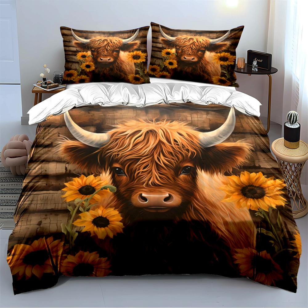 Highland Cow and Sunflowers Bedding Set Bedding set (1 duvet cover, 2 pillowcases, duvet not included)