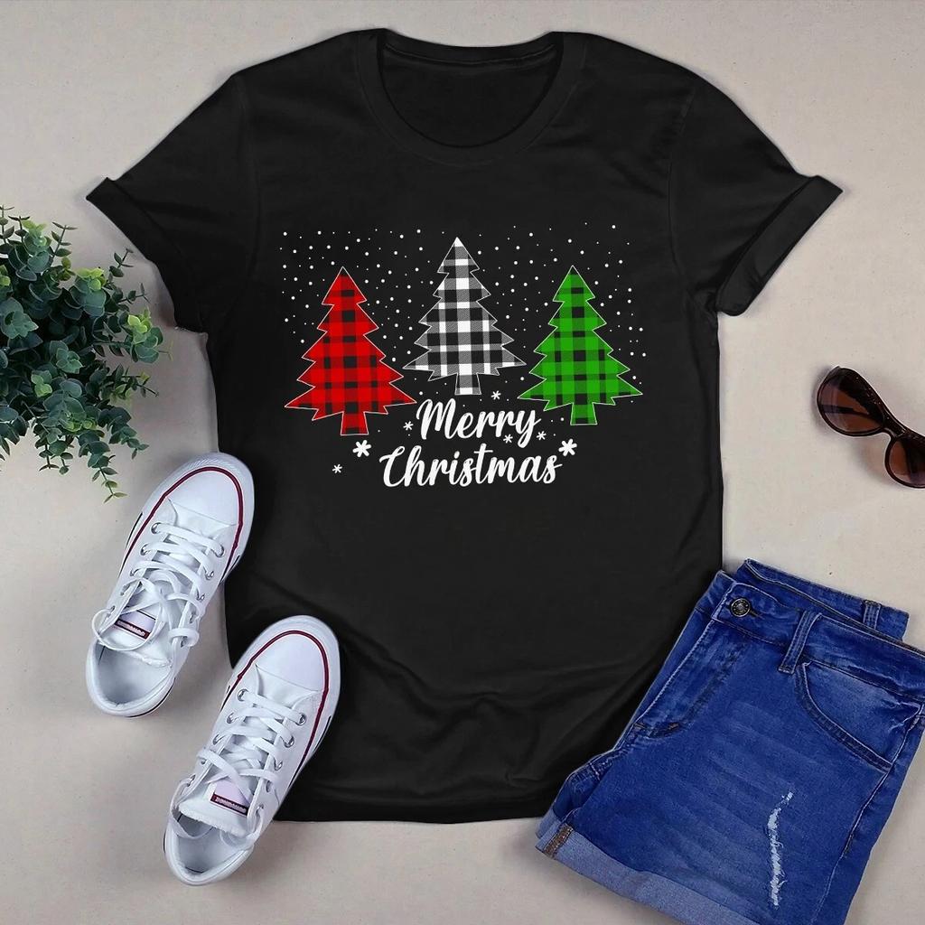 Men's and Women's T-shirts Christmas Tree Buffalo Plaid Merry Xmas Gift
