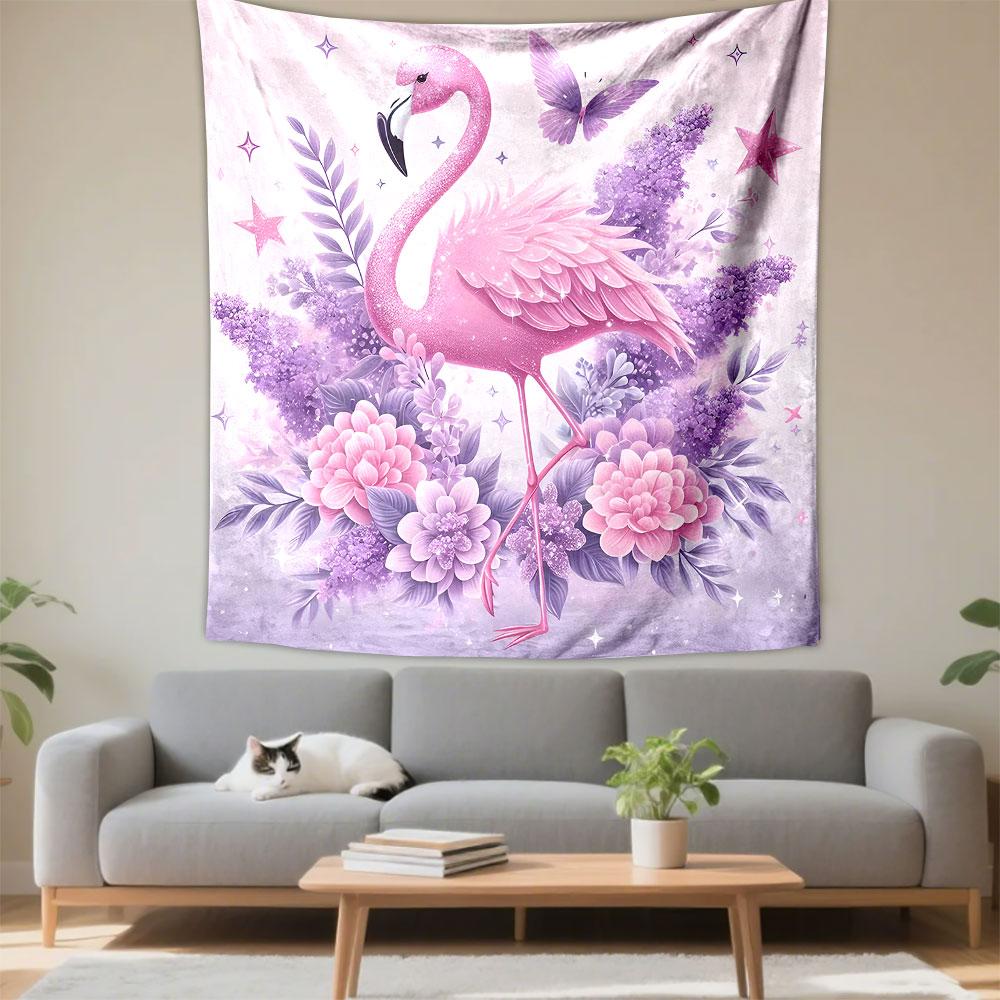 Pink Flamingo with Flowers and Stars Patterned Tapestry Decorative Wall Hanging, Home Bedroom Living Room Decor