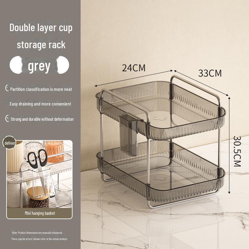 Transparent PET Plastic Desktop Cup Storage and Drain Rack - Two-Layer Multi-Purpose Hanging Basket.