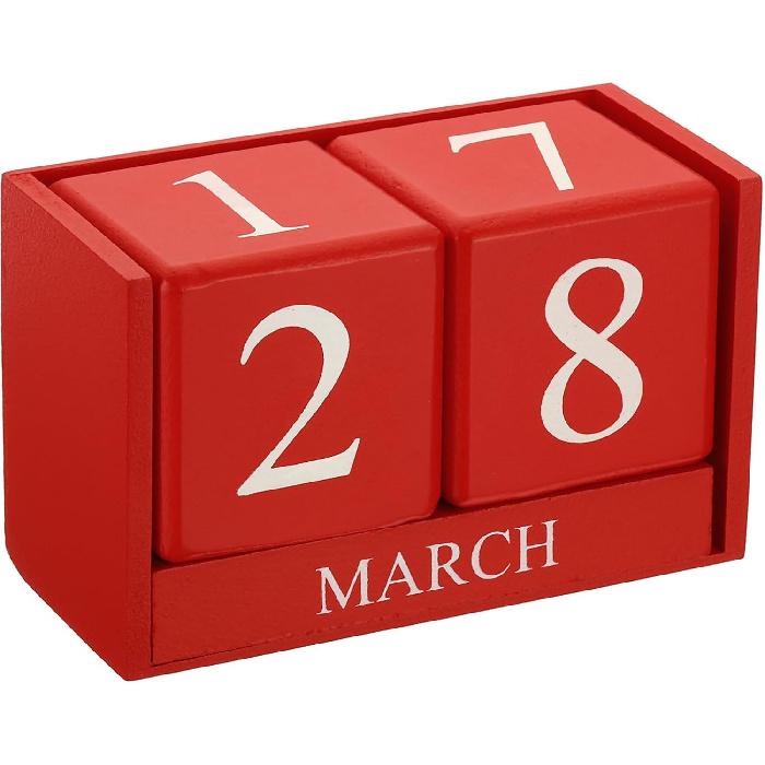 PATIKIL Vintage Wood Block Perpetual Calendar, Reble Wooden Month Date Display Blocks for Desk Office Home Decoration 6.1", Red