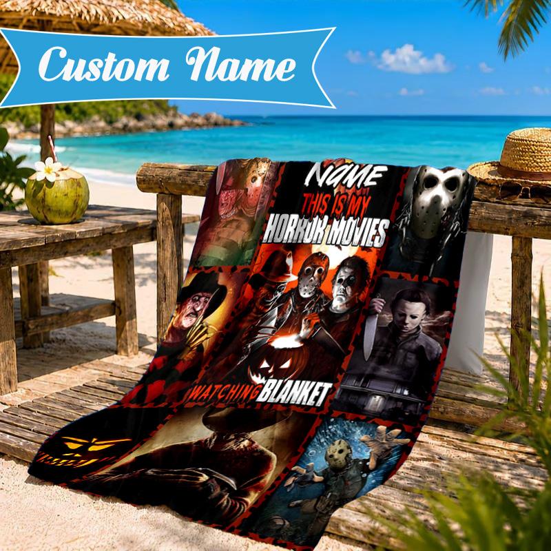 Custom Name Horror Movie Night Beach Towel Microfiber Beach Towel, Lightweight and Quick-Dry, for Summer Travel, Swimming Pool Gift