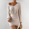 2024 Women's Brushed Stripe V-Neck Long Sleeve Waist Hip Dress for Autumn/Winter