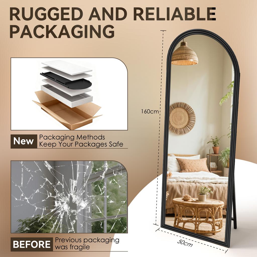 Arched Full-Length Mirror with Wooden Frame in Black, 160 x 50 cm, Adjustable Metal Stand, Suitable for Residential and Commercial Spaces