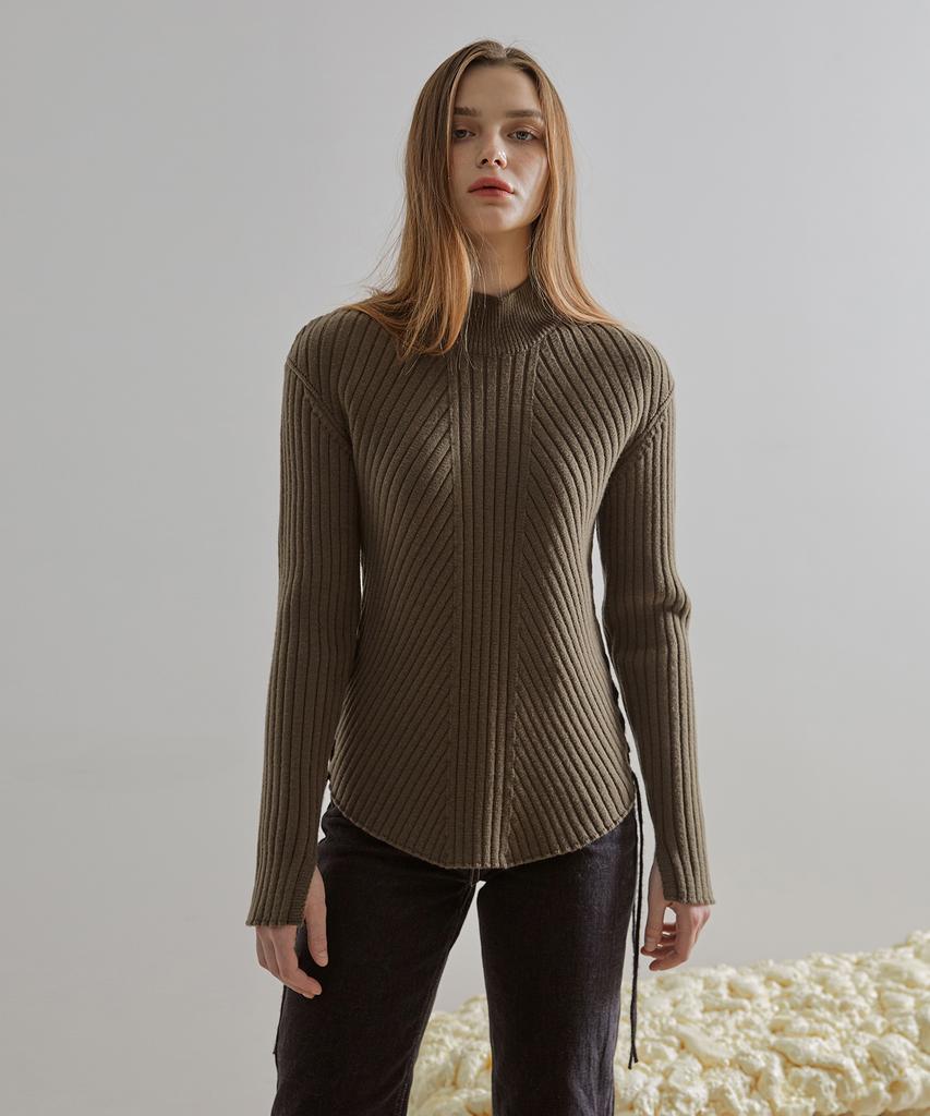 ETMON Slit Sleeve Side Strap Knit Top Khaki