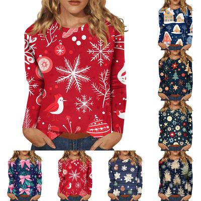 Женский модный повседневный топ с длинными рукавами и рождественским принтом с круглым вырезом Топ с длинными рукавами