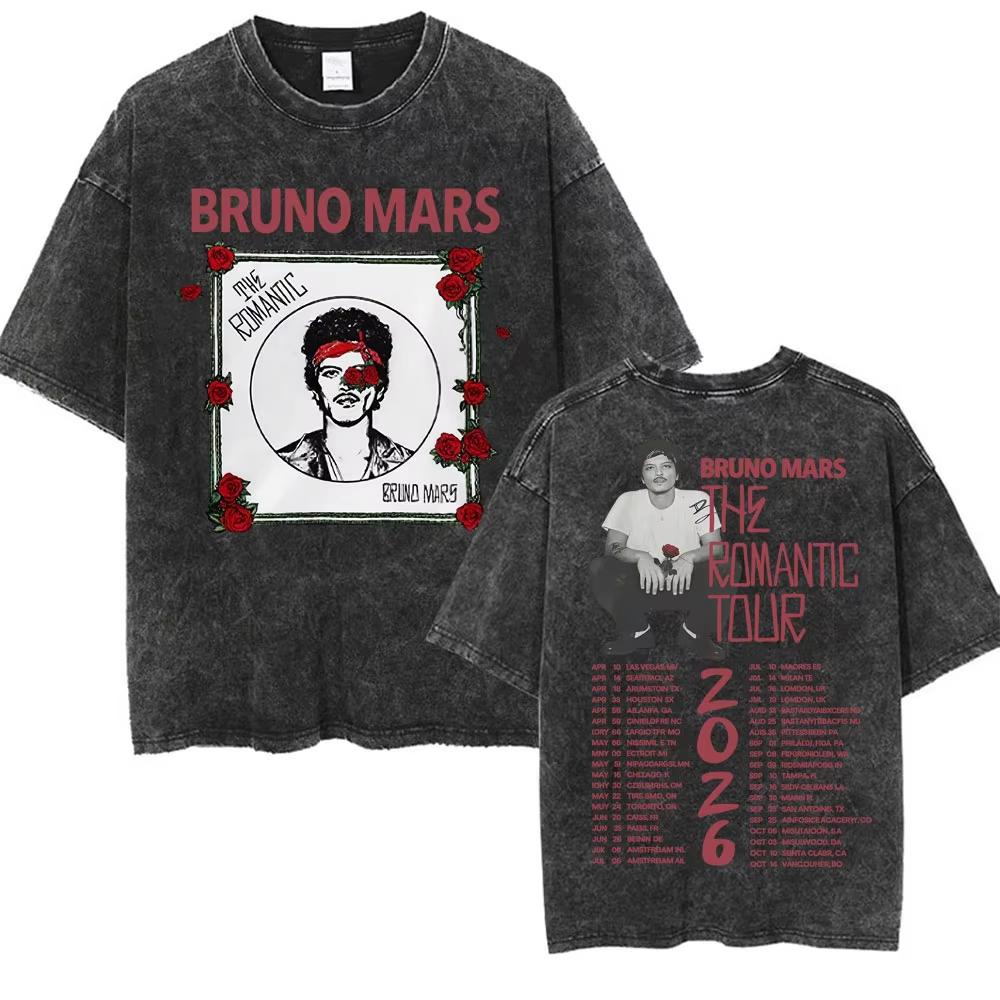 Bruno Mars The Romantic Tour 2026 Vintage Washed T Shirt Men Women Fashion Hip Hop Pop Music T-shirt Summer Casual Cotton Tshirt