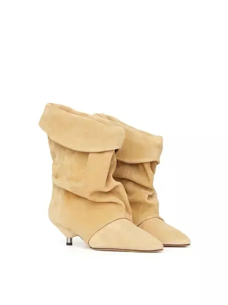 Новые женские европейские и американские остроносые плиссированные ботильоны до икры с бахромой на тонком каблуке 5 см, рыцарские сапоги, ботинки средней длины больших размеров