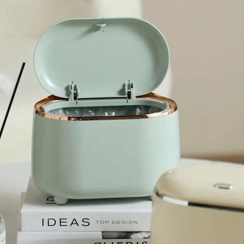 Мини настольный мусорный бак с крышкой, легкий роскошный пластиковый прессованный мусорный бак для ванной комнаты, офиса, спальни, гостиной
