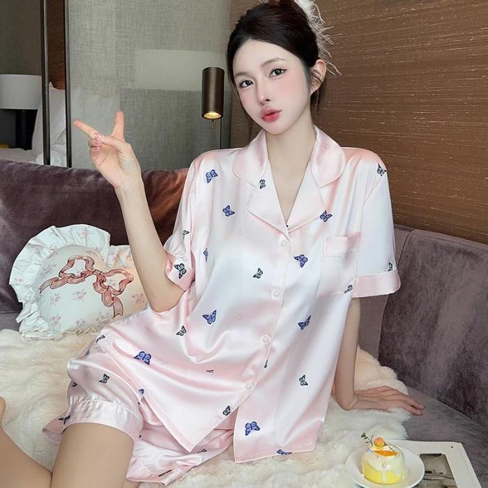 Романтичная синяя пижама с принтом бабочек для женщин Y2k Ins Sweet Harajuku Fashion Nightgown New Summer Casual Home Sleepwear