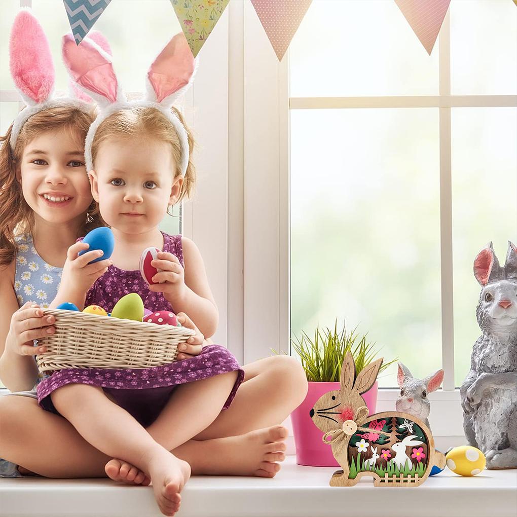 Пасхальный деревянный кролик со светом, украшение для рабочего стола, деревянная пасхальная статуэтка кролика