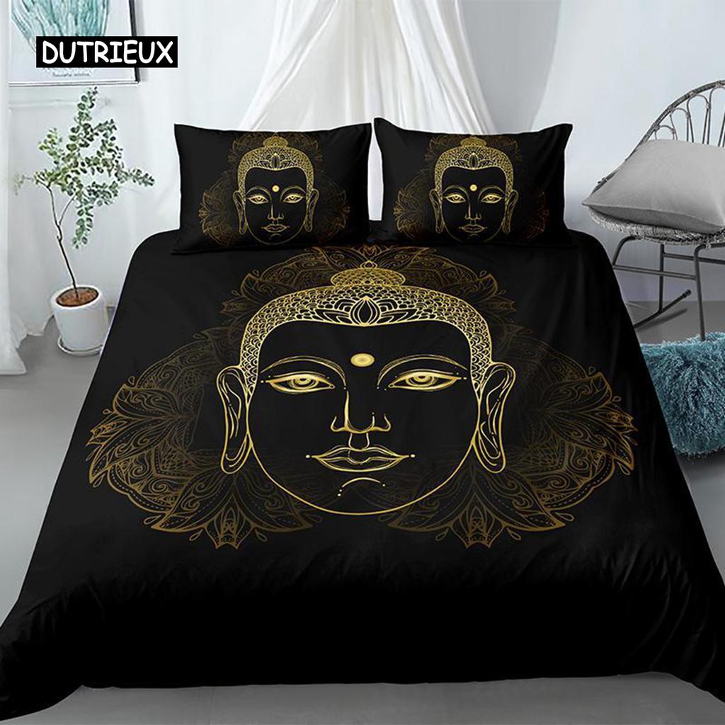 Mandala Buddha Duvet Cover Set,Bohemian Bedding Set Golden Black Lotus Flowers Print Luxury Microfiber Polyester Comforter Cover