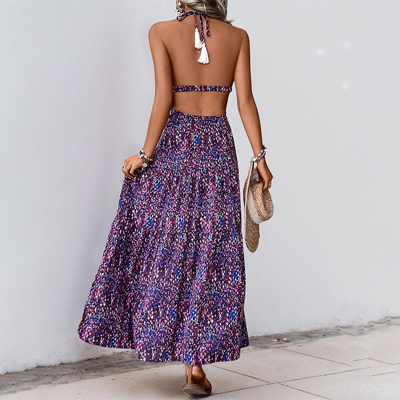 Женское летнее платье-халтер с принтом и V-образным вырезом Темпераментное платье-халтер