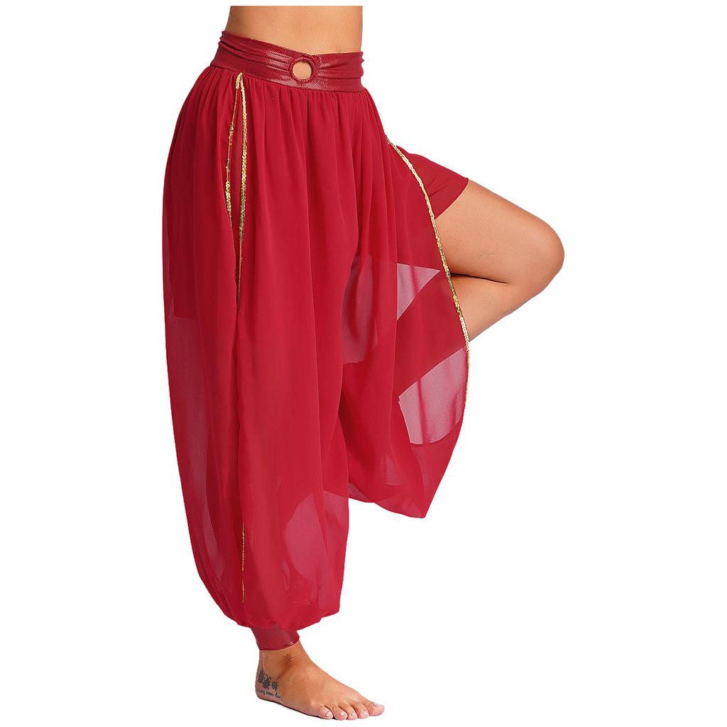 Womens Belly Dance Bloomers Halloween Theme Party Carnival Costume Ruched Waistband Side Split Pants