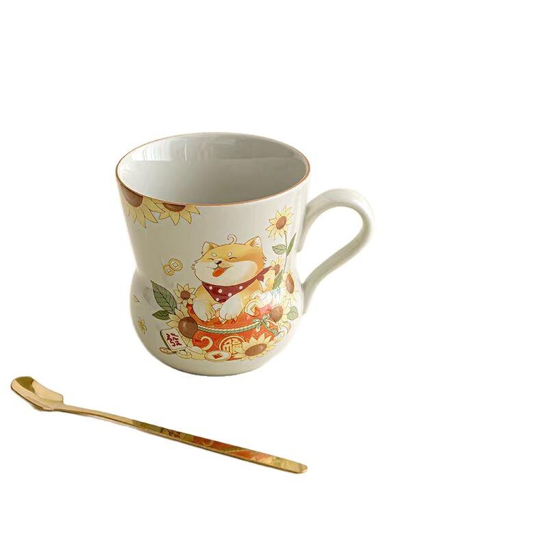 Plant Ash Ceramic Gourd-Shaped Shiba Inu With Spoon Water Cup Milk Cup Gift Box Teacup Office Drinking Water
