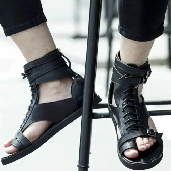 Summer New Men's Fashion High Top Sandals Versatile Men's ROMAN SANDALS Pu Casual Lace Up Zipper Sandals Men Shoes KA343