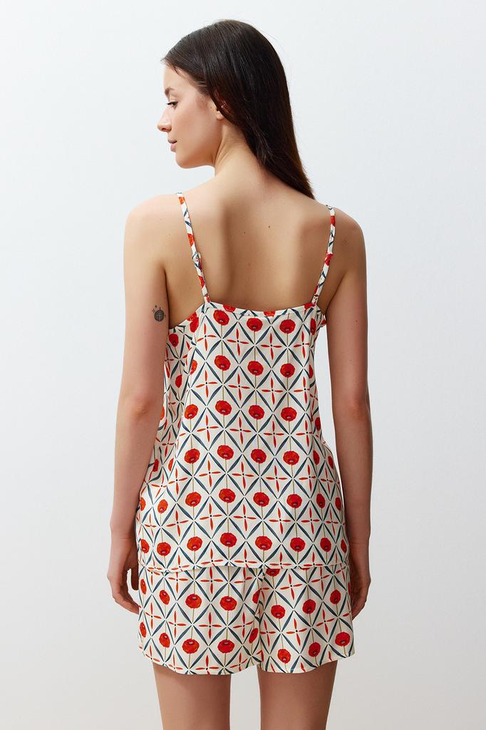 Women's Fashion New Pajama Set Multi-Colored Ethnic Patterned Rope Strap Viscose Woven Pajama Set