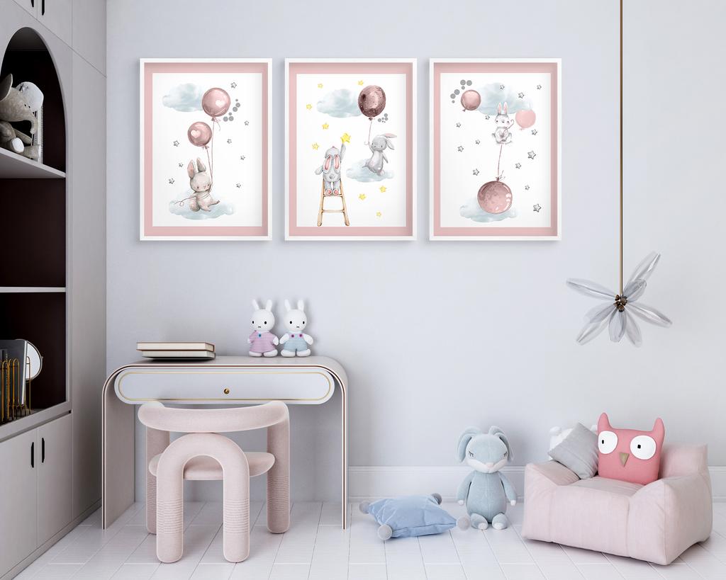 Zestaw Plakatów dla dziecka Króliczki Balony pastelowy róż Obrazy 30x40