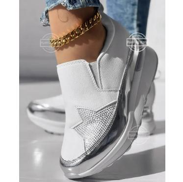 Silver Platform Moccasins with Biscuit Star Pattern for Women, Slip-on Shoes, Sneakers for Women