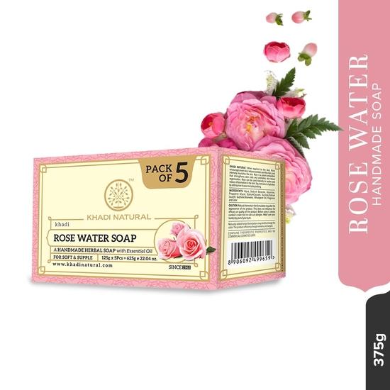 KHADI NATURAL Ayurvedic Rosewater Handmade Soap| Hyderates & Nourishes Skin| Vitamin-Rich (Pack of 5) (5x125 G) (625 G)