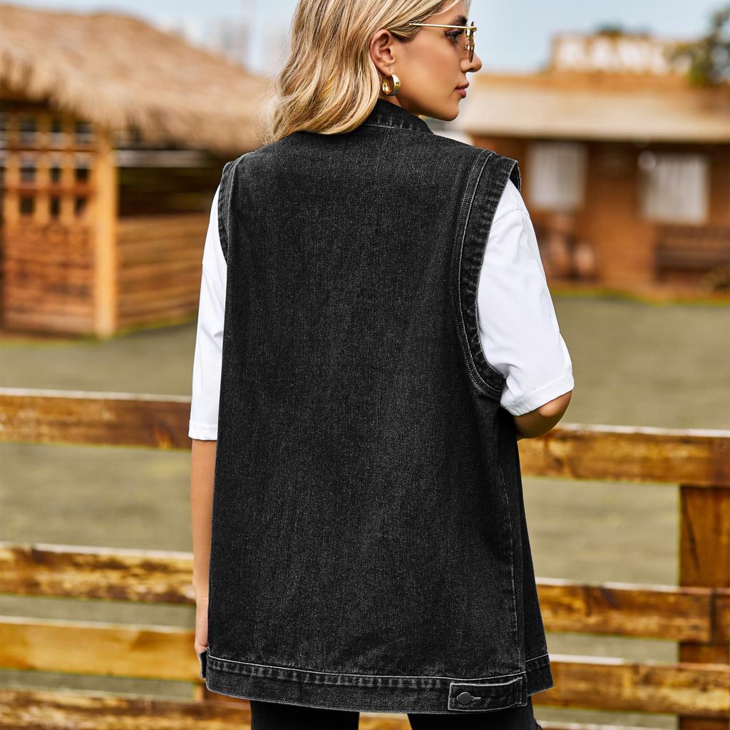 YYFS Женская модная джинсовая осенне-зимняя повседневная куртка-поло без рукавов с воротником с лацканами