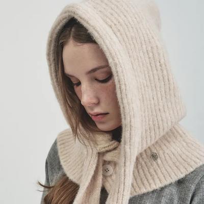 [25fw новинки]_Теплая шерстяная балаклава-шапка с капюшоном_Слоновая кость.HAI001