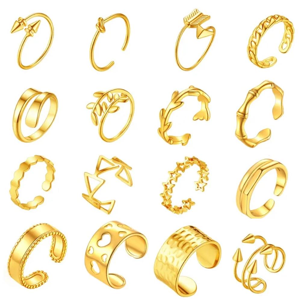 Multiple Styles 14K Gold Color Open Ring Cuffs for Women Arrow Heart Leaf Bamboo Layers Wrapped Resizable Ring Jewelry Gift