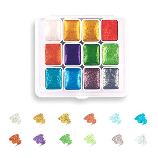 1 Box 1ML Watercolor Paint Metallic Glitter Watercolor Pigment Portable Vibrant Solid Paint Box for Artists