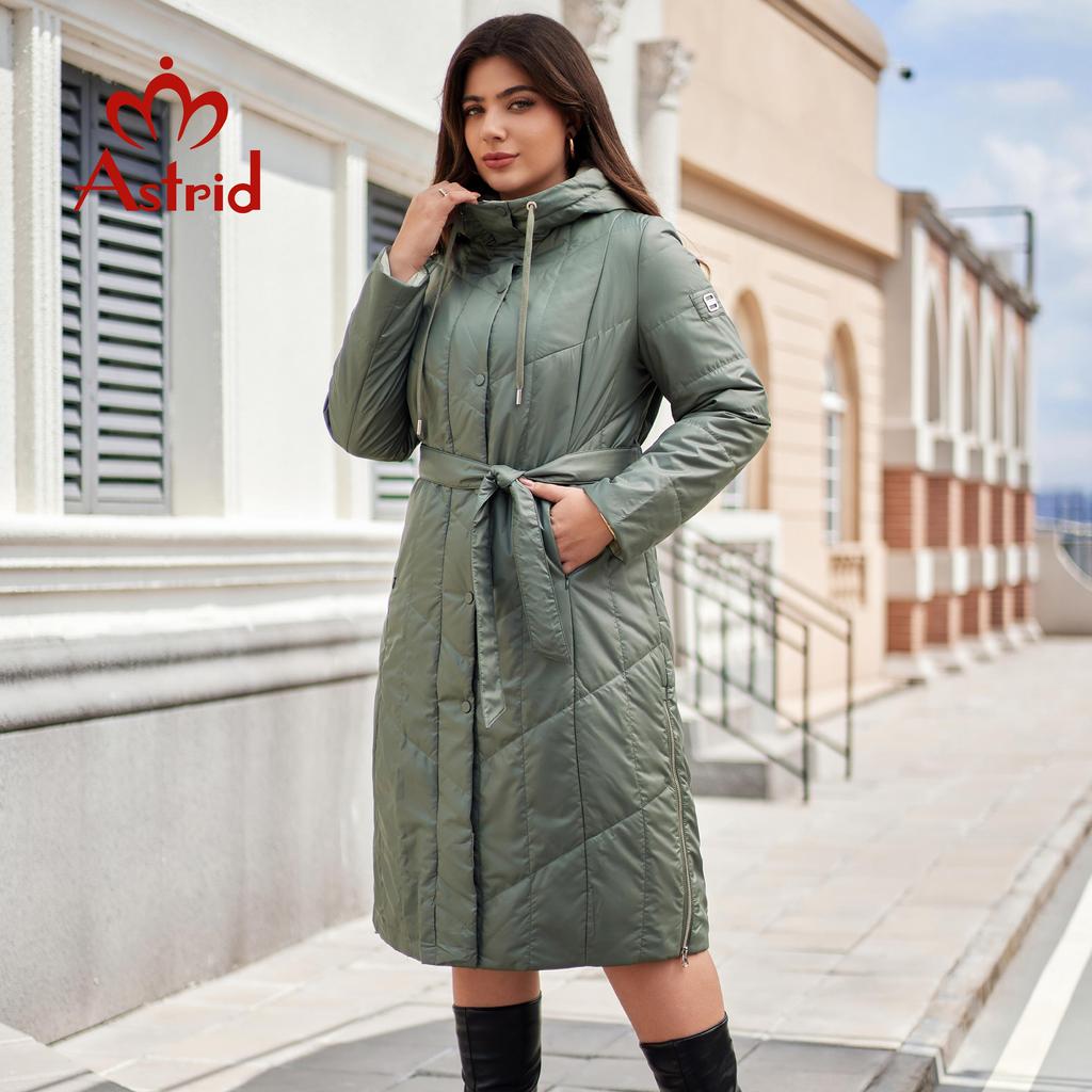 Astrid Женская парка осень-зима больших размеров, женская одежда, длинная, с подкладкой, теплый капюшон, женская стеганая куртка, пальто, пояс, разрез, низ AM-10642